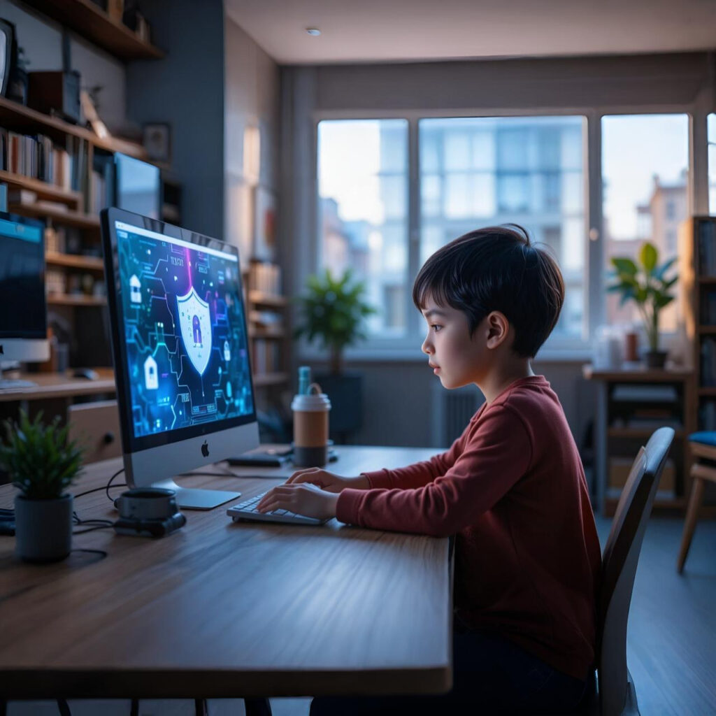 kid on computer learning cyber security