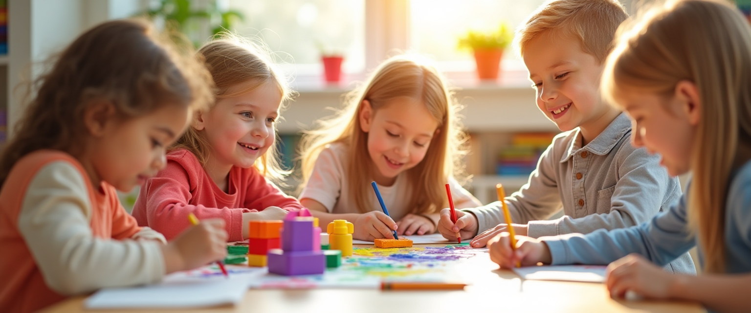 Children engaged in creative learning activities including painting, building, and drawing showing active imagination and cognitive development