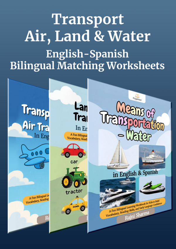 Transport Air, Land & Water Bilingual Worksheets Bundle (English–Spanish)
