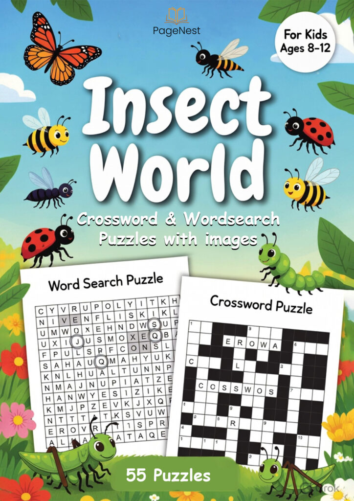Insect World – Word Search + Crossword Puzzle Book for Kids (Ages 8–12) | Printable Educational Activity Book
